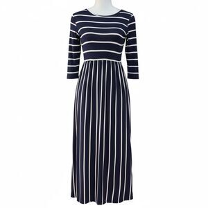 reborn j navy blue amd white stripped long sleev dress modest